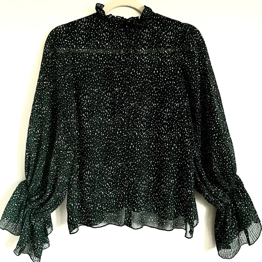 Zara Oversize Chiffon Pleated High Ruffle Neck Semi Sheer Blouse Oversize XS EUC